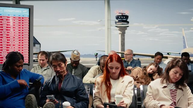 Waiting for plane arrival, flight delay and multiethnic tourists in airport use devices. Flying to destination, mobile phones and passengers passing time during cancelled flights disruption, camera A