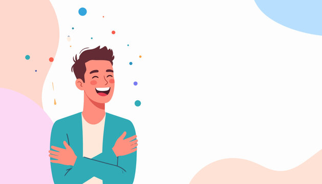 A smiling man embraces himself, symbolizing self-love, happiness, and emotional well-being, radiating inner peace and positive self-affirmation amidst a vibrant, abstract background