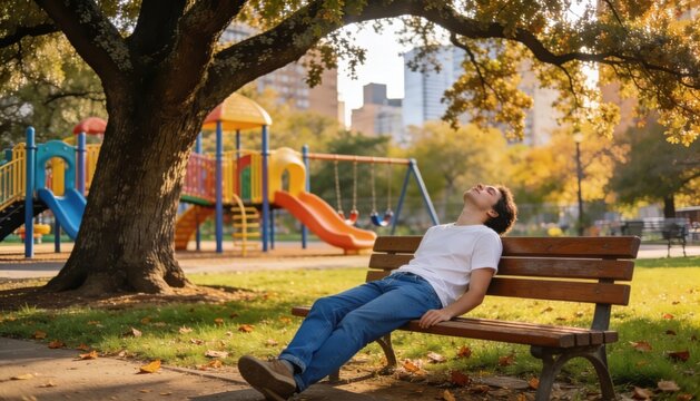 Person resting on a park bench near a children's playground under autumn tree shade