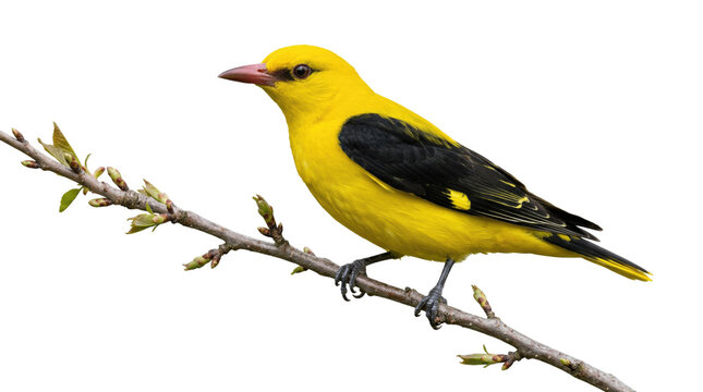 Male Eurasian Golden Oriole bird perched on budding branch. Bright yellow plumage, isolated against isolated background. Spring wildlife.
