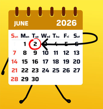Playful calendar mascot with 2nd highlighted date on Tuesday layout Ideal for creative scheduling and planner visuals