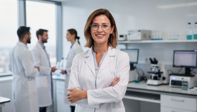 A female scientist in a lab coat stands confidently in a laboratory setting, surrounded by colleagues and various medical research equipment, including microscopes and computers.