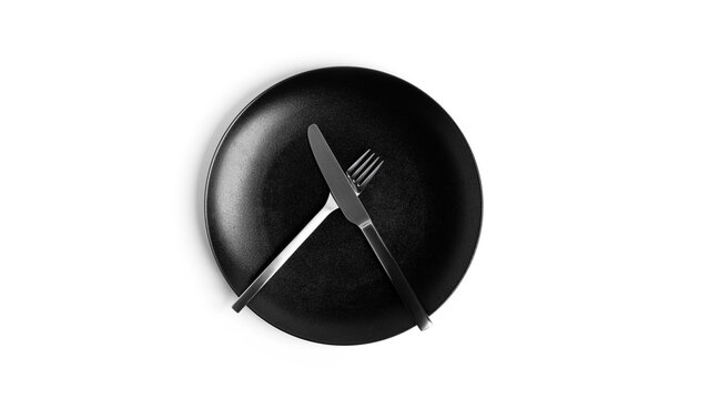 Sign language with cutlery. A plate with cutlery isolated on a white background. Plate, knife, fork on a white background.