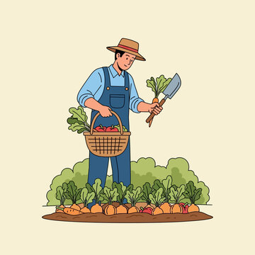 Farmer Harvesting Fresh Vegetables From Garden.