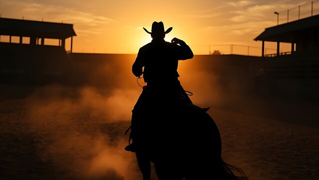 charro. Silhouette of a rider at the edge of a dusty arena during sunset, casting long shadows. inspiring travel planning, event programs, designed for cultural heritage projects and event programs.