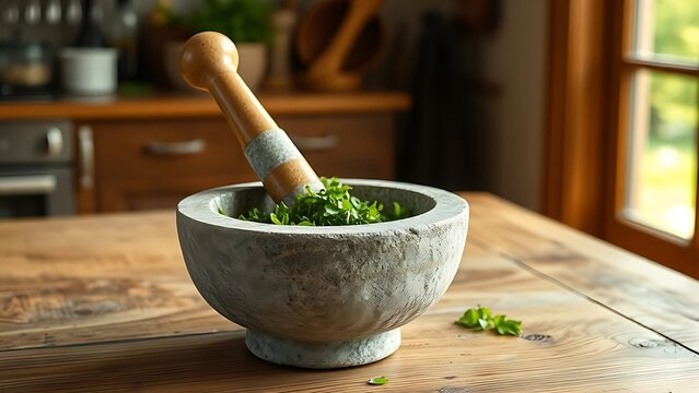 labdanum. A rustic stone mortar and pestle with green herbal paste on a wooden table in a cozy kitchen. menu design, packaging mockups, designed for culinary blogs and recipe cards for restaurants.
