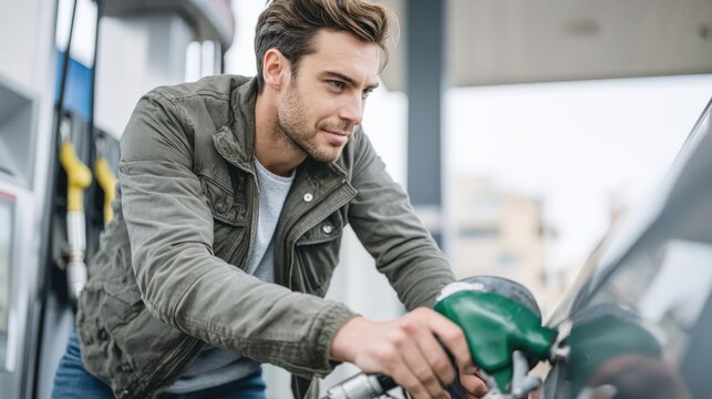 Young man in casual jacket refueling modern compact car at gas station with fuel pump