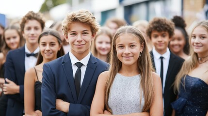Obraz premium Group of well-dressed teenagers posing together outdoors in formal attire for a special occasion