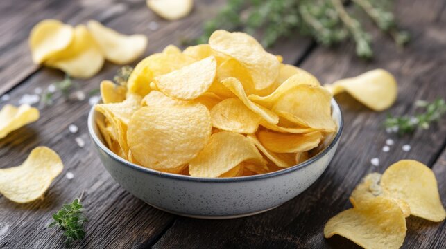 Top down view of ceramic bowl filled with crispy potato chips on wooden table with herbs