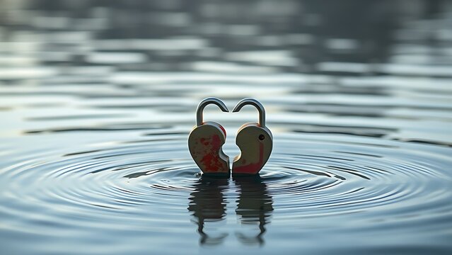 millenary. A broken heart-shaped lock floating on calm water, split in two pieces in soft morning light. wellbeing guides, coaching materials, designed for coaching and self-improvement content.
