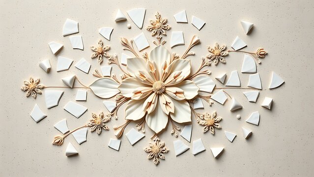 guyot. Broken porcelain fragments reassembled into an elegant floral mosaic on a neutral surface, top-down view. menu design.