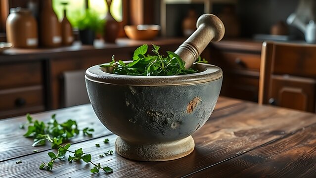 labdanum. A rustic stone mortar and pestle with green herbal paste on a wooden table in a cozy kitchen. menu design, packaging mockups, designed for culinary blogs and recipe cards for restaurants.