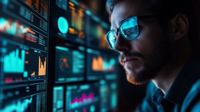 Digital marketing specialist analyzing SEO data on multiple screens; neon reflections, modern office. generative ai