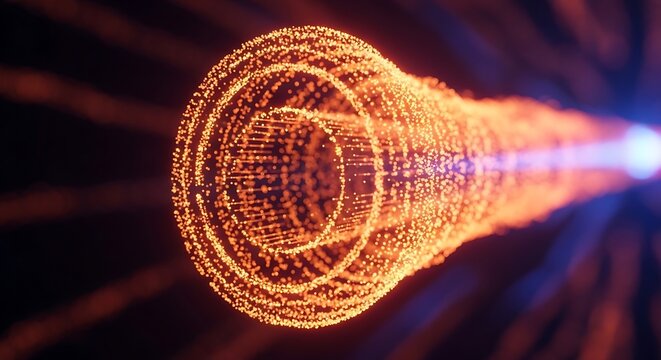 Abstract futuristic design with glowing orange particles and energy flow