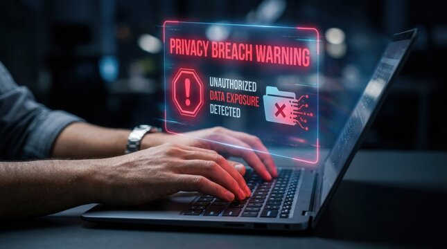 User types on laptop as holographic warning about privacy breach and data exposure appears on screen in dark setting at night.
