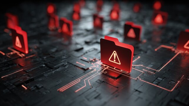 Multiple glowing red data folders displaying warning signs emerge from a dark digital circuit board surface.
