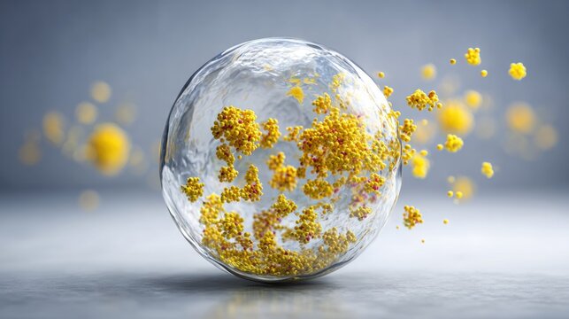 Transparent biological sphere containing clusters of yellow particles interacting with the surrounding environment