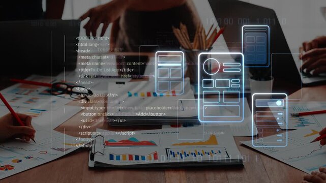 A dynamic collaborative workspace showcases diverse individuals working together on digital project planning, complemented by futuristic interface graphics and business charts. Raster