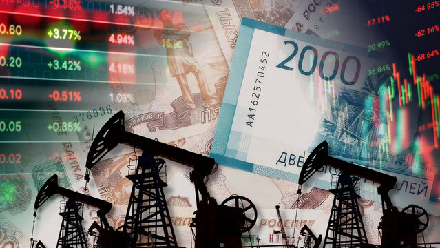 Oil prices and the Russian Ruble are fluctuating wildly amidst complex geopolitical and market dynamics. Russian Ruble banknotes are superimposed on oil pump jacks and financial market data.
