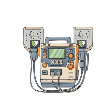 Defibrillator machine with screen and electrodes.