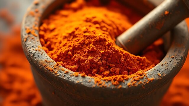 chromatography. A coarse clay mortar filled with vibrant orange-red textured spice powder. menu design, packaging mockups, designed for culinary blogs and recipe cards for restaurants.