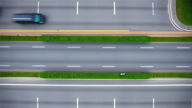 median. Aerial view of a lush green median strip separating two lanes of moving traffic, symmetrical composition. mobility guides, transit brochures, designed for mobility and urban transit guides.
