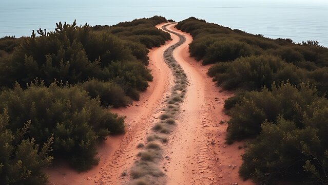 oganesson. A dirt path through dense bushes connecting two calm bodies of water, serene landscape with deep depth. travel magazines, destination branding, designed for travel destination branding.