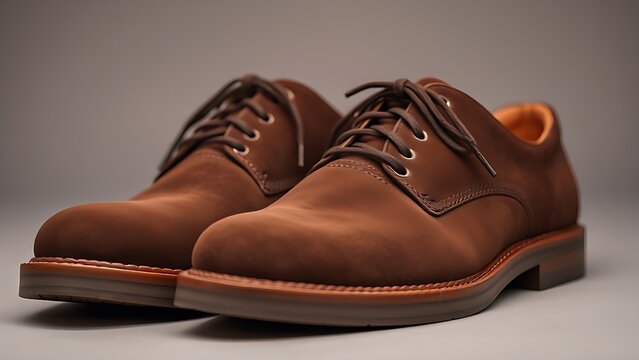 nubuck. Close-up of a pair of deep brown nubuck leather shoes showcasing the velvety nap and sheen. lifestyle magazines.