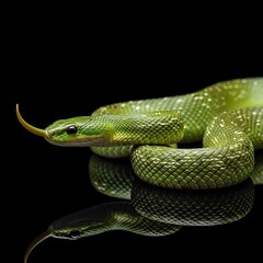 Obraz premium Green snake on black background closeup.