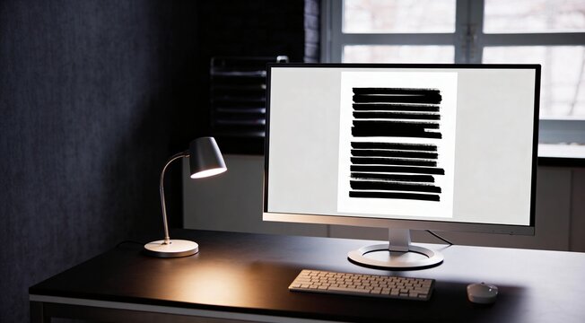 Cybersecurity data privacy concept featuring a redacted confidential document on a computer monitor in a dark office, over-the-shoulder corporate scene with dramatic copy space