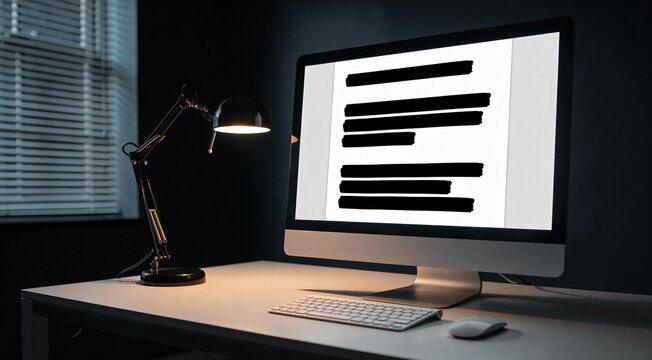 Confidential file breach investigation concept showing a heavily redacted document on a monitor in a moody office, over-the-shoulder cybersecurity scene with left copy space