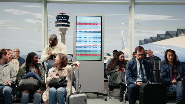 Frustrated tourists watching red status update on screen showing cancelled flights. Concerned travelers holding luggage observing delayed flight announcements on FIDS display, camera A