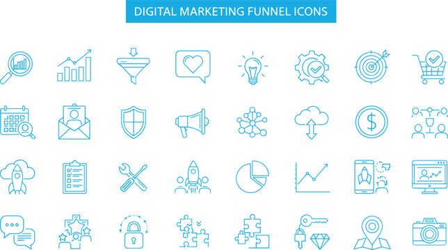 Digital marketing funnel icon set with conversion analytics sales strategy symbols in clean minimal line style for web and app design