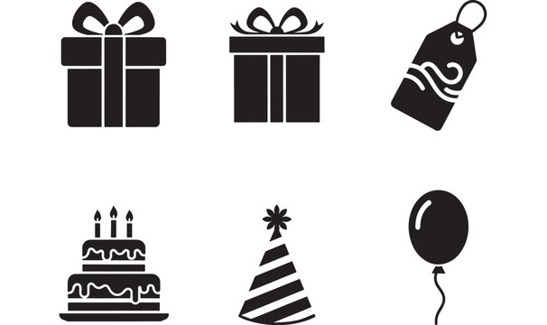 Gifts black icon set with birthday presents and party decorations featuring gift, present, celebration with decoration and symbol elements for