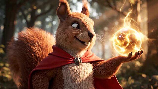 A magical squirrel wizard wearing a red cape holding a glowing orb in an enchanted forest.