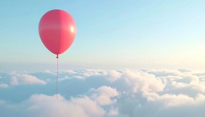 Fototapeta premium A Single Red Balloon Floats Above a Sea of Clouds Under a Bright Sky.