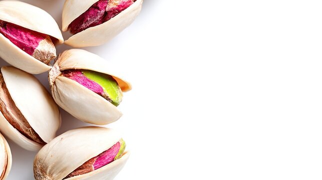 Several shelled nuts with vibrant green and pink kernels are arranged on a stark white background.