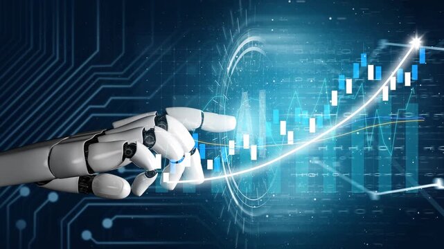A futuristic robotic hand reaches toward a digital financial graph showcasing data analysis, technology, and innovative growth trends in business and finance. Copula