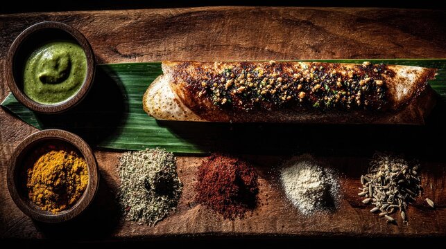 Savory rolled crepe dish accompanied by colorful spices and dipping sauce presented on dark wood