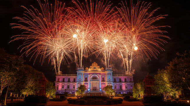 Grand historic building illuminated in colorful lights with vibrant fireworks exploding overhead