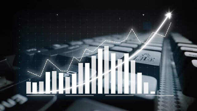 A professional depiction of data analysis featuring growth graphs overlaid on a keyboard, symbolizing financial insights and business performance trends. Copula