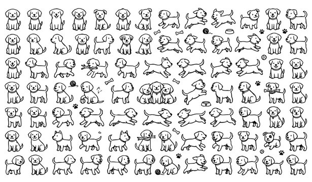 Cute doodle puppy vector set with hand drawn black and white sketch dogs walking sitting and playing cartoon illustration