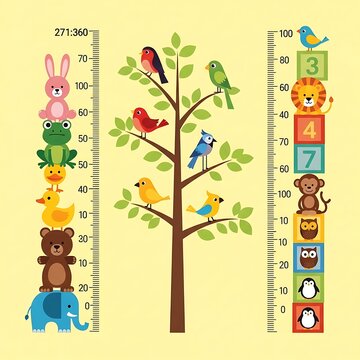 Colorful growth chart with animals and birds.