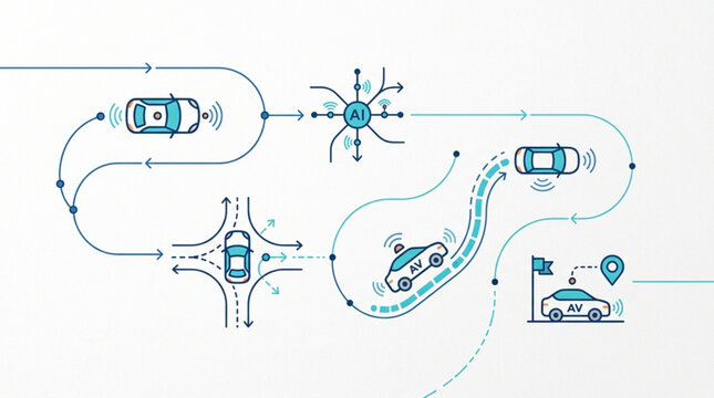 Autonomous vehicle technology icons with cars and navigation symbols on white background
