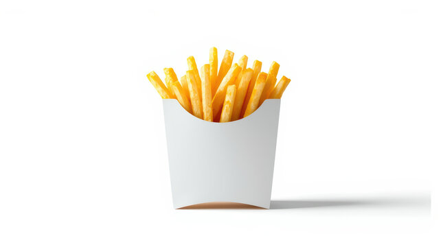 Crispy french fry in minimal white carton on white background, bright appetizing mood