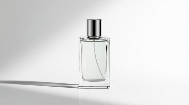 Crisp clear glass perfume bottle minimal studio product shot with soft shadow