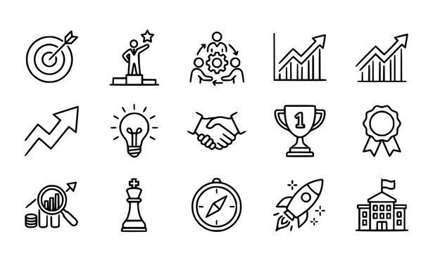 Business success and achievement line icon set with leadership growth strategy and teamwork symbols vector collection
