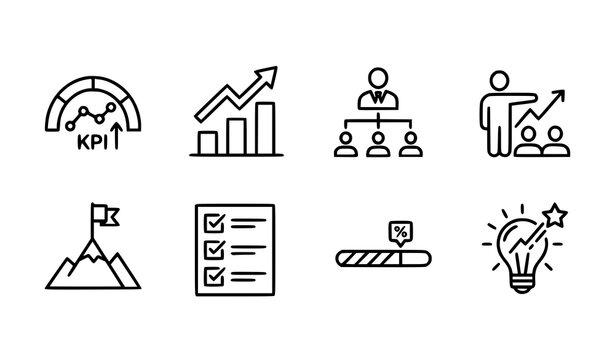 Minimal business and performance icon collection with goals leadership and strategy symbols outline vector set