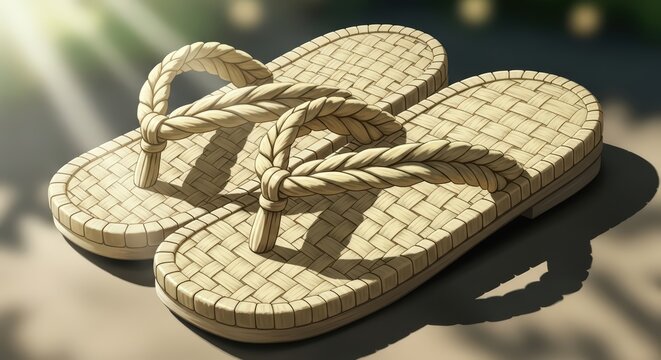 Traditional Japanese Woven Straw Sandals on Sunny Ground, Cultural Footwear for Summer and Relaxation