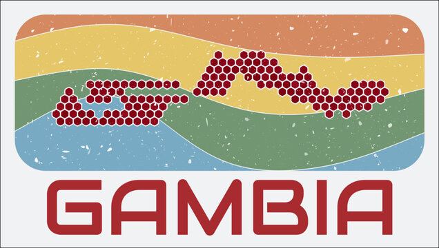 Gambia vintage logo. Hexagon dots shape of the country on retro colored stripe waves background. Gambia map design with grunge scratch texture. Vector Illustration.